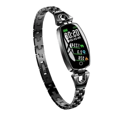 Women's waterproof smart fitness bracelet with heart rate and blood pressure monitor, black alloy, LCD touchscreen display.