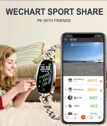 Women's waterproof smart fitness bracelet with heart rate and blood pressure monitor, black alloy, LCD touchscreen display.