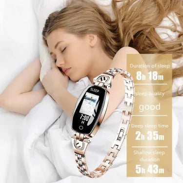 Women's waterproof smart fitness bracelet with heart rate and blood pressure monitor, black alloy, LCD touchscreen display.