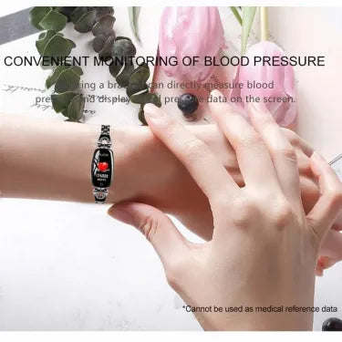 Women's waterproof smart fitness bracelet with heart rate and blood pressure monitor, black alloy, LCD touchscreen display.