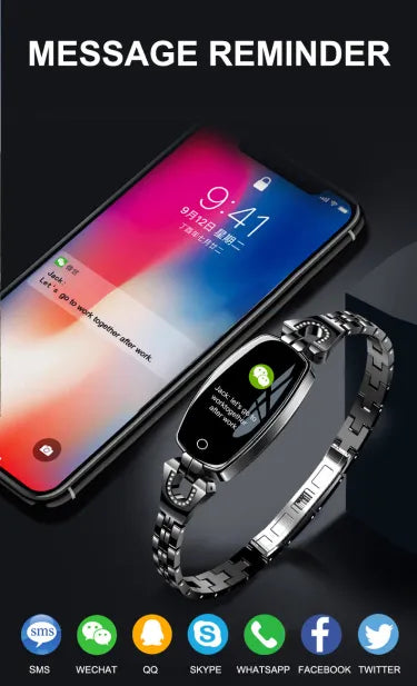 Women's waterproof smart fitness bracelet with heart rate and blood pressure monitor, black alloy, LCD touchscreen display.