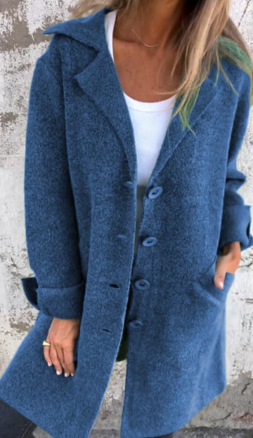 Women's wool-blend button-down jacket, elegant design, classic lapel collar, cuffed sleeves, flattering fit, cozy fabric.