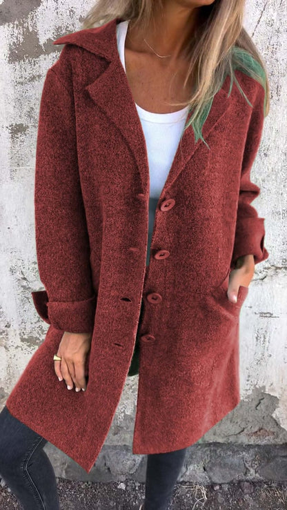 Women's wool-blend button-down jacket, elegant design, classic lapel collar, cuffed sleeves, flattering fit, cozy fabric.