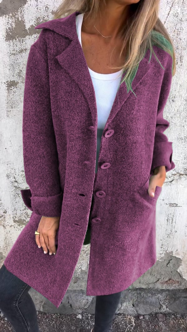 Women's wool-blend button-down jacket, elegant design, classic lapel collar, cuffed sleeves, flattering fit, cozy fabric.