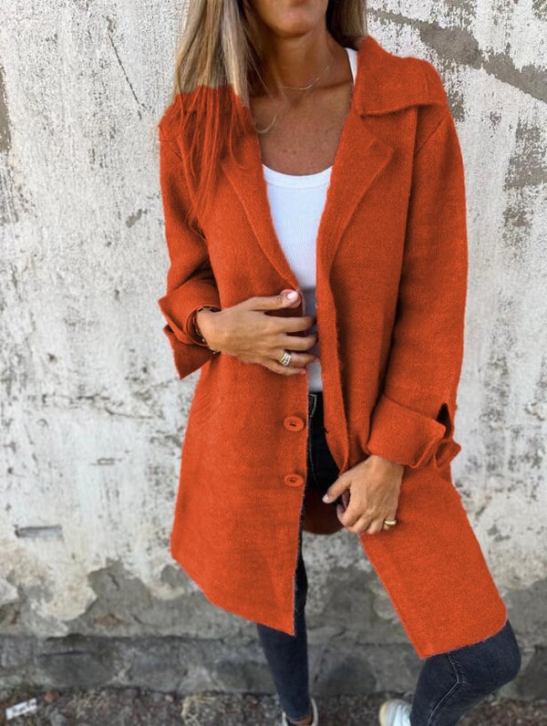 Women's wool-blend button-down jacket, elegant design, classic lapel collar, cuffed sleeves, flattering fit, cozy fabric.
