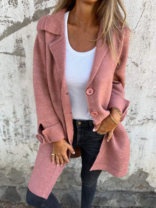 Women's wool-blend button-down jacket, elegant design, classic lapel collar, cuffed sleeves, flattering fit, cozy fabric.
