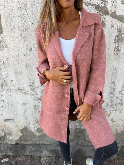 Women's wool-blend button-down jacket, elegant design, classic lapel collar, cuffed sleeves, flattering fit, cozy fabric.