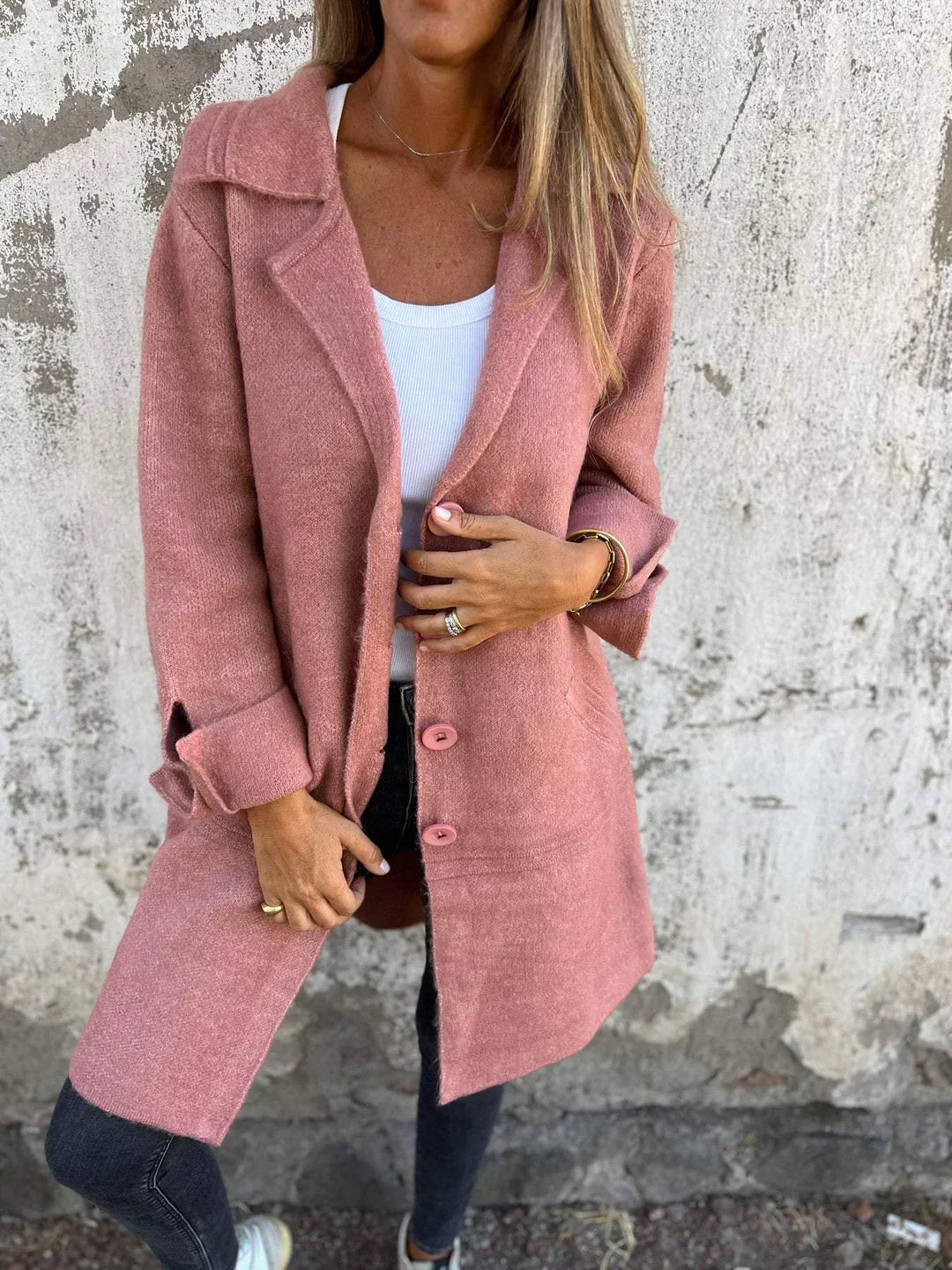 Women's wool-blend button-down jacket, elegant design, classic lapel collar, cuffed sleeves, flattering fit, cozy fabric.