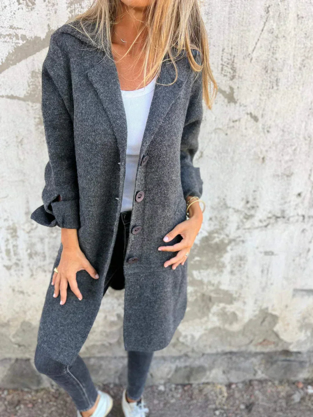 Women's wool-blend button-down jacket, elegant design, classic lapel collar, cuffed sleeves, flattering fit, cozy fabric.