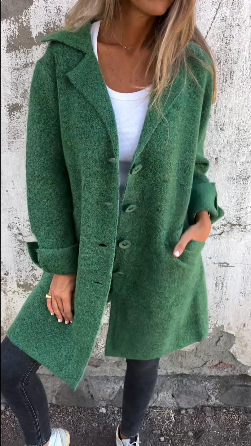 Women's wool-blend button-down jacket, elegant design, classic lapel collar, cuffed sleeves, flattering fit, cozy fabric.