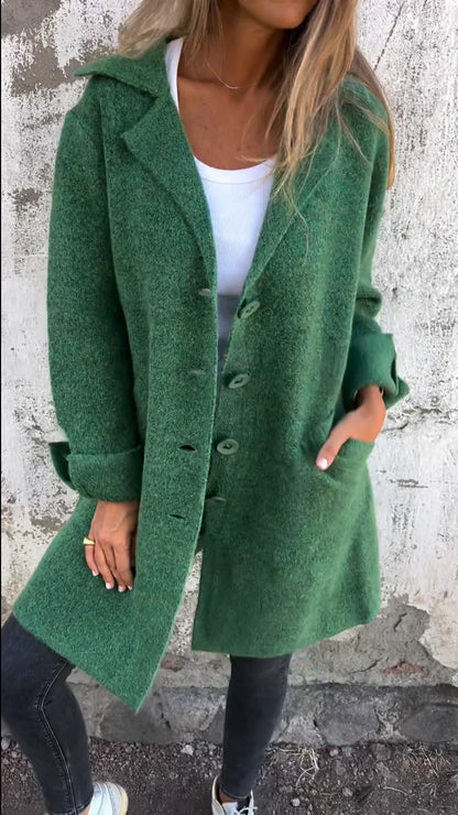 Women's wool-blend button-down jacket, elegant design, classic lapel collar, cuffed sleeves, flattering fit, cozy fabric.