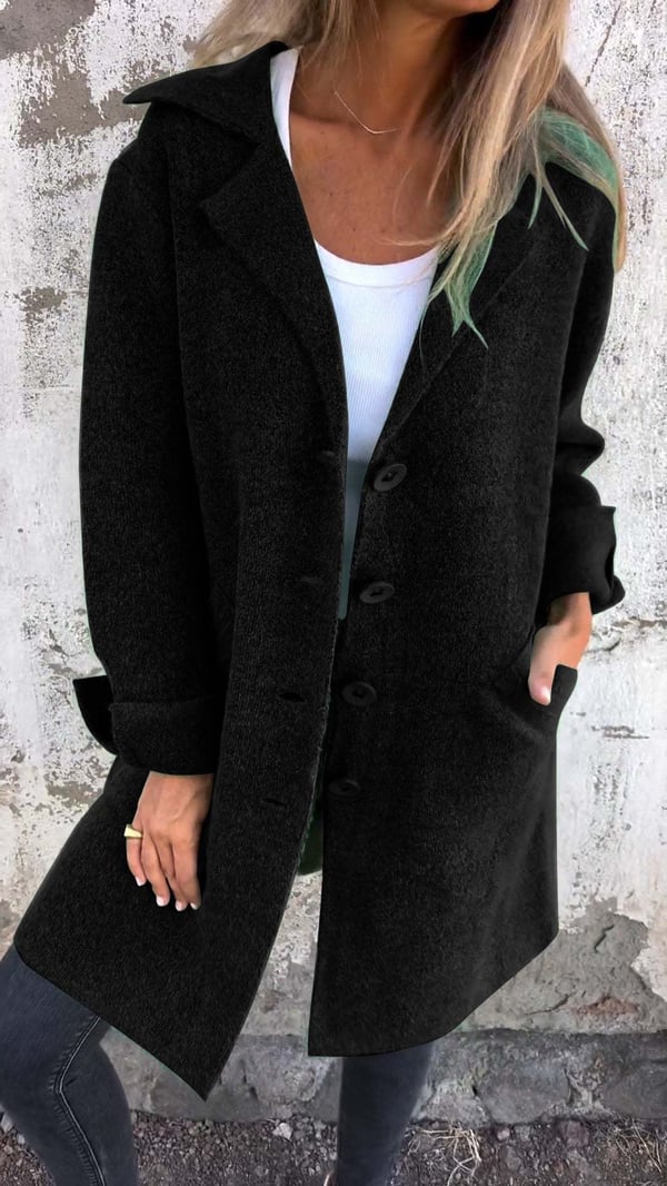 Women's wool-blend button-down jacket, elegant design, classic lapel collar, cuffed sleeves, flattering fit, cozy fabric.